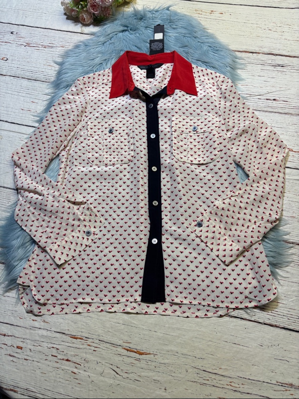 NWT Marc by Marc Jacobs Red-Collar Heart Print Silk Blouse SZ 10